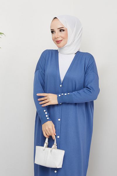 Pamuk Butik Γυναικεία Πλεκτά Πλεκτά Ολόσωμα Μπλε Ζακέτα Mercerized με Λεπτομέρεια με Κουμπί