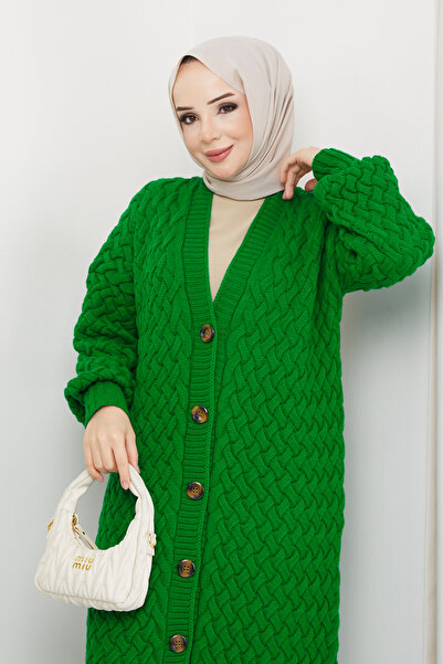 Pamuk Butik Women's Basket Knit Buttoned Full Length Knitwear Cardigan Benetton Green