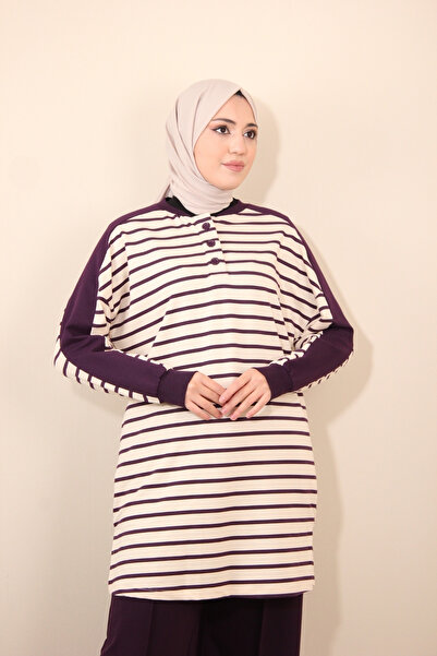 Puane Iki Iplik Bisiklet Yaka Çizgili Sweatshirt