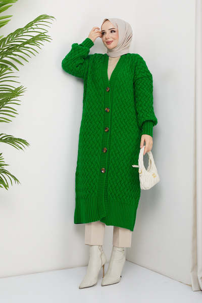 Pamuk Butik Women's Basket Knit Buttoned Full Length Knitwear Cardigan Benetton Green