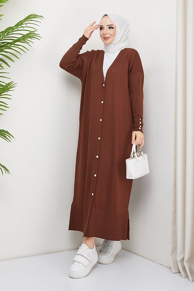 Pamuk Butik Γυναικεία Πλεκτά Πλεκτά Ολόσωμα Ζακέτα Mercerized με Λεπτομέρεια Καφέ