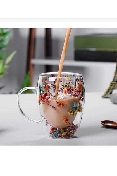 YclShop Flower Patterned Heat ResIstant Borosilicate Flower Cup - Double Sided Coffee Cup