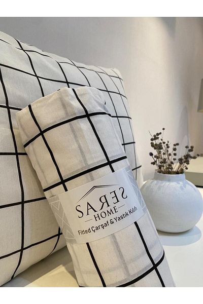 Sares Home Geometric Pattern Plaid Double Oversize Ranforce Elastic Sheet Set (180X200)