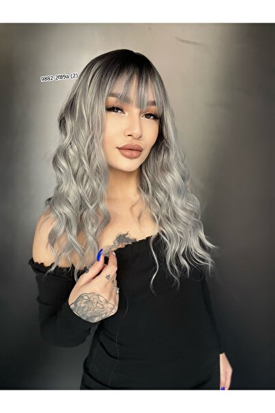 Suzan Peruk Dalgalı Kısa Perçemli Fiber Sentetik Peruk - Siyah / Gri Ombreli