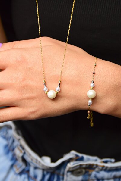 Sinsirella 925 Ayar Gümüş Üç Renk Dorika Toplu Incili Kolye Ve Bileklik Set