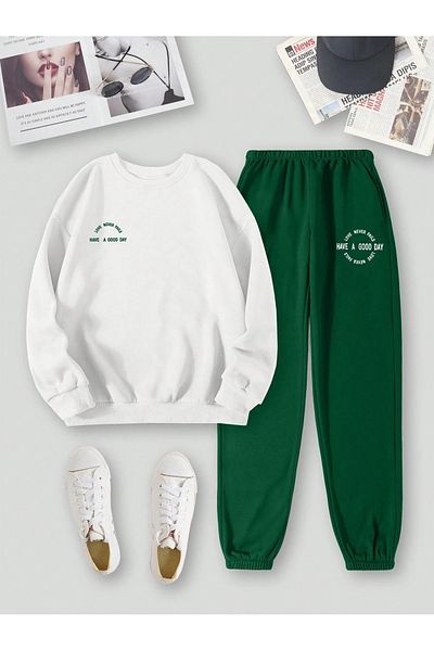 MOONBULL Men's Have A Good Day Printed Crew Neck Tracksuit Set