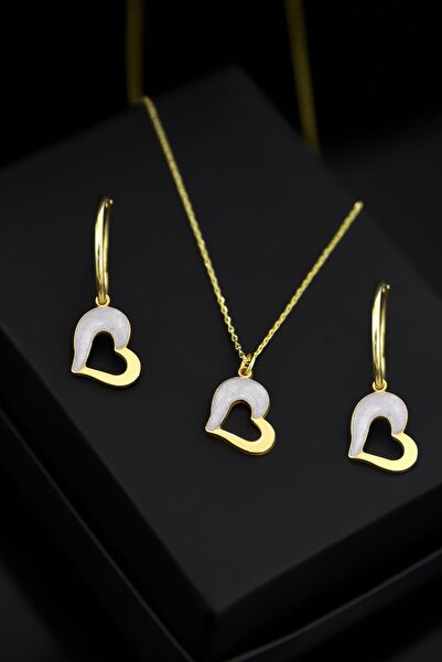 Sinsirella 925 Ayar Gümüş Gold Kaplama Sedef Mineli Kalp Kolye Ve Küpe Kadın Set
