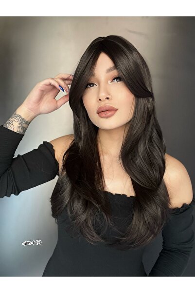 Suzan Peruk Katlı Kesim Perçemli Düz Fiber Sentetik Orta Boy Peruk - Koyu Kes...