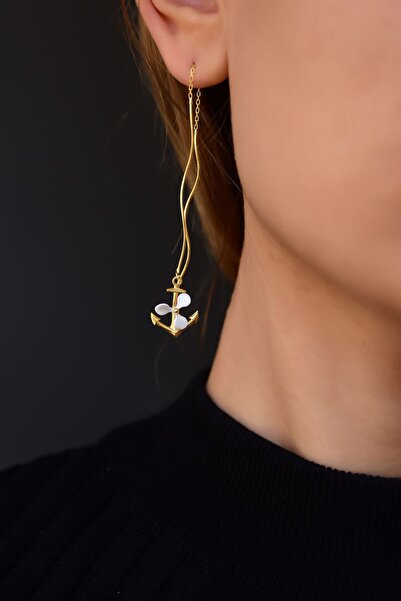 Sinsirella 925 Ayar Gümüş Altın Kaplama Çapa Sallantılı Küpe Tekli