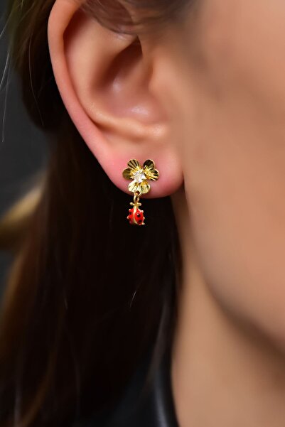 Sinsirella 925 Ayar Gümüş Gold Kaplama Kristal Kesim Uğur Böcekli Frezya Çiçeği Küpe