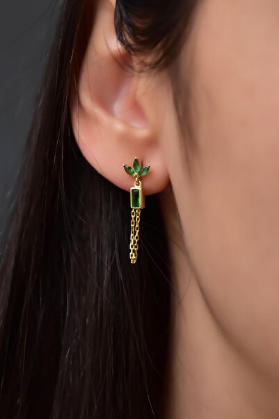 Sinsirella 925 Ayar Gümüş Gold Zümrüt Rengi Zirkon Taşlı Taç Model Zincir Sallantılı Küpe