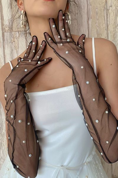 Hayalperest boncuk Elegantní stylové perly Svatební svatební rukavice Dlouhé tylové rukavice ke kostýmu a speciální noci černé
