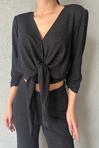 Seda Yalçın Atelier Black Glitter Crop Blouse and Trousers Set