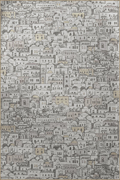 Rugs Modern Halı Bej Gri Temalı Antik Şehir Tasarım Bina Ev Desenli Kreatif Modern Dekoratif Halı 2707