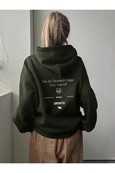 AFROGİYİM Women's Khaki You Are Love Yourself Printed Oversize Hooded Hoodie