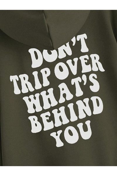 AFROGİYİM Unisex Khaki Dont Trip Over Whats Printed Oversize Hoodie με κουκούλα με τρεις κλωστές