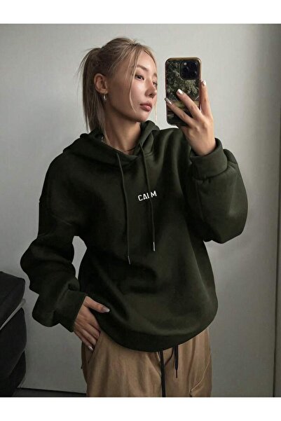 AFROGİYİM Women's Khaki You Are Love Yourself Printed Oversize Hooded Hoodie