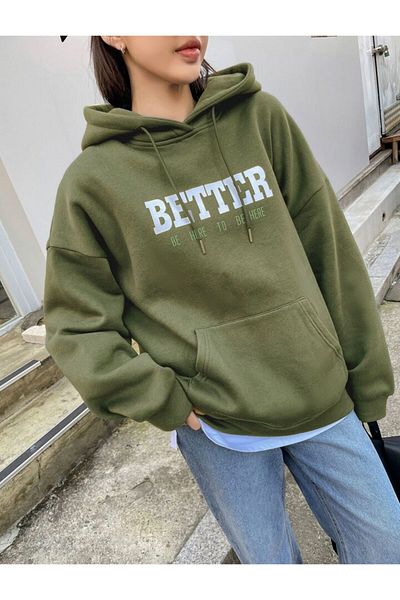 AFROGİYİM Unisex Khaki Better Here Go Printed Oversize Three String Hoodie