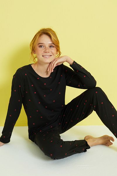 Siyah İnci black red dot patterned Cotton Pajamas Set
