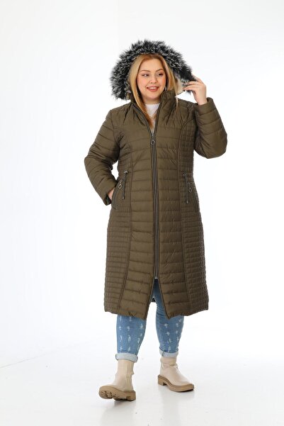 TUTveAL Collection Γυναικείο Χακί Παλτό με Γούνα Εσωτερικά Μακρύ Καπιτονέ Παλτό με κουκούλα Μεγάλο Μέγεθος Παλτό 42-52 Μέγεθος