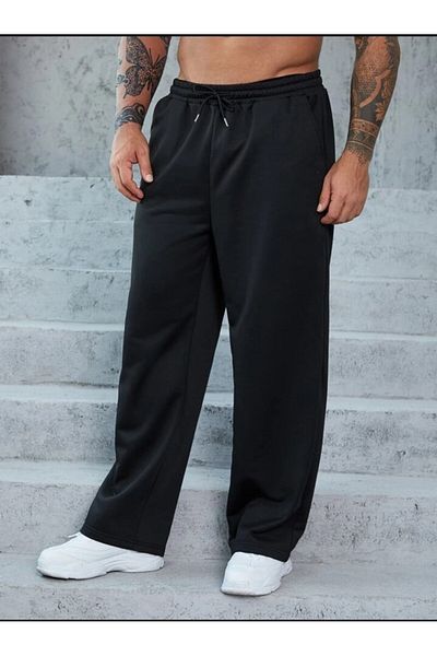 FİTGO Oversize Comfortable Cut Straight Leg Unisex Black Tracksuit Bottom
