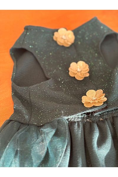 Bi Dolap Ponçik New Year Dress Green Glitter Floral Ribbon Detailed Stylish Cat Dog Outfit & Dress