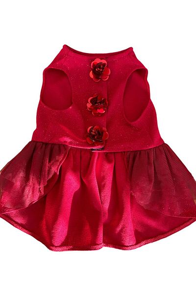Bi Dolap Ponçik New Year Dress Red Glitter Floral Ribbon Detailed Stylish Cat Dog Outfit & Dress
