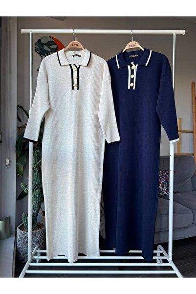 asyadabutik Μακρύ φόρεμα με χρυσά κουμπιά και πλεκτό γιακά πουκάμισο