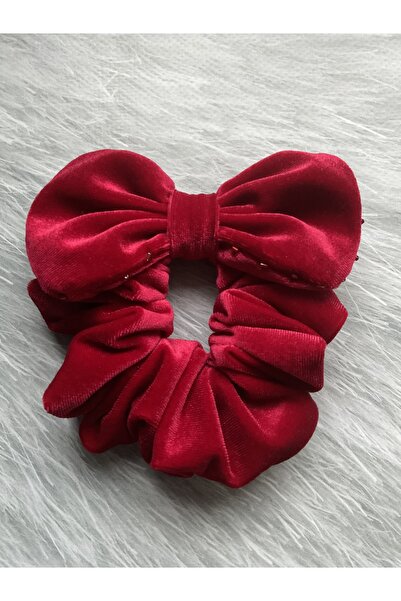MADE BY PERİ Elastic Buckle in Red Silk Velvet with Bow and Crystal Bead Embr...