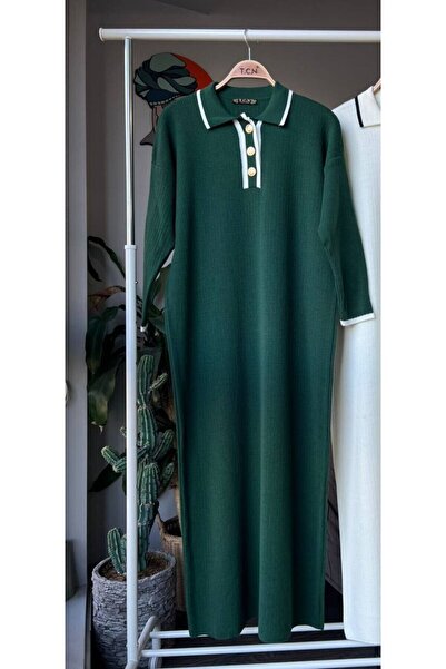 asyadabutik Πλεκτό μακρύ φόρεμα χιτζάμπ με χρυσό πουκάμισο με κουμπιά