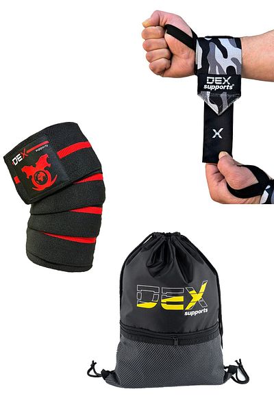 Dex Supports Lasting Energy Knee Wraps Camouflage Wrist Wraps Sackpack Set of 3