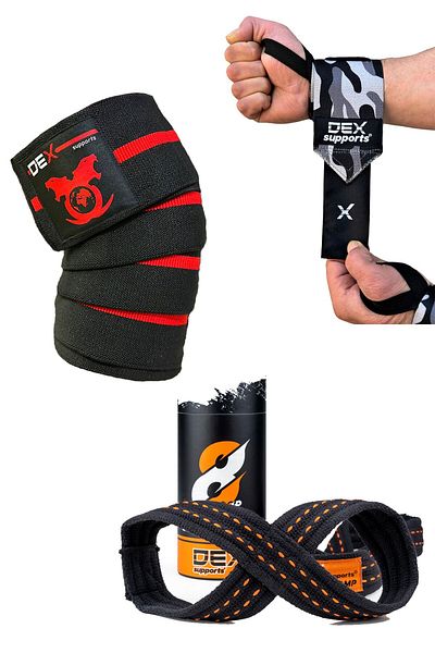 Dex Supports Lasting Energy Figure 8 Loop Lifting Straps Knee Wraps Camouflage Wrist Wraps Set of 3