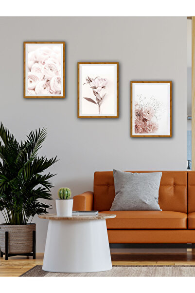 YALOVA SHOP Διακοσμητικό Σετ Πίνακων με Μαλακά Ροζ Λουλούδια 3 τεμαχίων