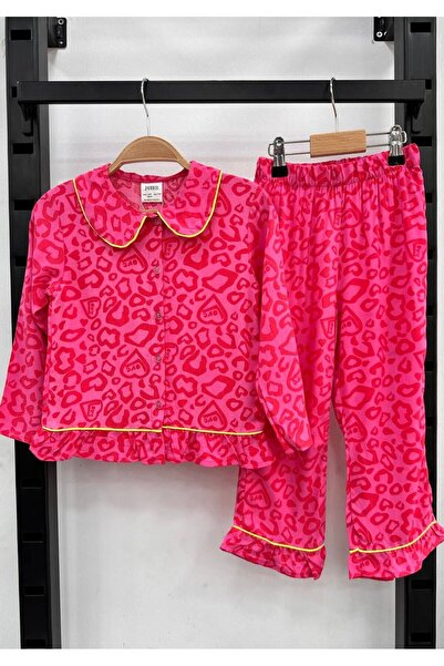 Pink Hippo Kids طقم بيجامة بناتي بياقة قميص وأزرار منقوشة على شكل قلب