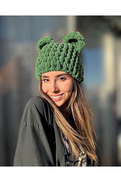 ALARA REYHAN Унисекс зелена шапка с мечи уши, ръчно изработена пухкава шапка