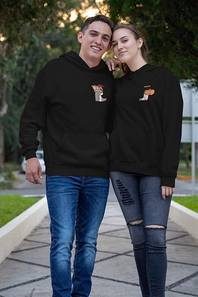 DUBU BUTİK 2-Piece Evil Tom And Jerry Dear Combination Sweatshirt - Black Printed Winter Oversize Hoodie
