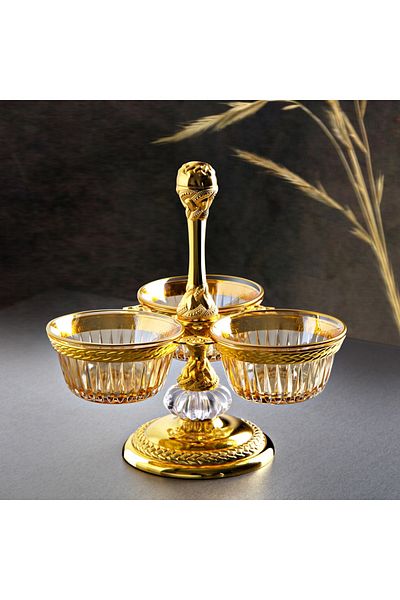 MOS'EV Sleek Serving Presentation with Elegant Metal Design, 3-Compartment One-Tier Glass Snack Bowl