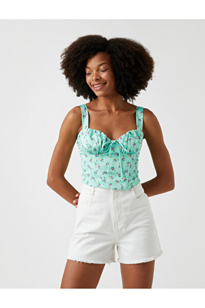 Koton Crop Tank Top with Floral Piping Detail and Sweetheart Collar