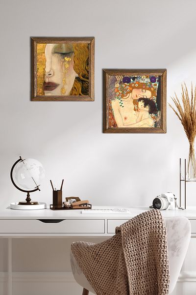 Pinecone Gustav Klimt Golden Tears, Mother Child Stone Wall Painting with Wood Frame Wall Decor -W2-360-