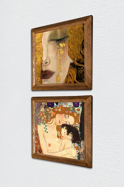 Pinecone Gustav Klimt Golden Tears, Mother Child Stone Wall Painting with Wood Frame Wall Decor -W2-360-