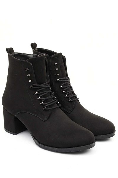 Anıl Ayakkabı Swell 27 Women's Black Suede Round Toe Heeled Zippered Lace Up Women's Daily Boots