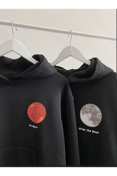 Mythologie Mars To Moon Lover Couple Combination Sweatshirt - Black Printed Oversize Hoodie