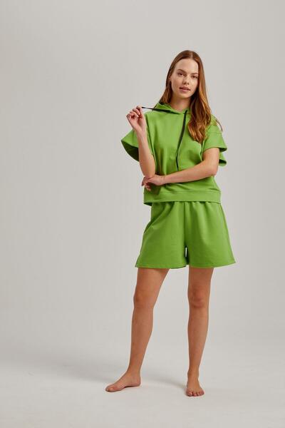 Pamuk & Pamuk Yeşil Kısa Kol Kapşonlu Bel Aksesuarlı Iki Iplik Kadın Şortlu Takım