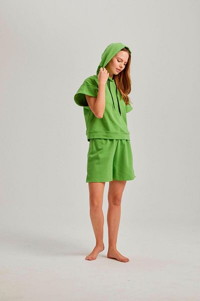 Pamuk & Pamuk Green Women's Shorts Set - Short Sleeve, Hoodie, Waist Accessory, Two Thread