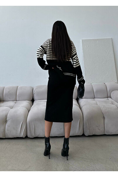 Ortaya Çık Long Sleeve Black Striped Knitwear Set