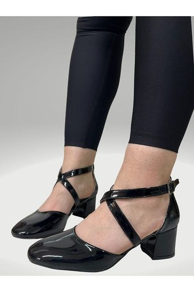 İmerShoes Pantofi de zi cu zi pentru femei, din piele lăcuită neagră, cu toc la gleznă, cu toc gros, cu vârf oval, cu curele încrucișate 106