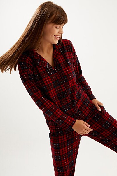 Ecrou Red Black Plaid Suede Buttoned Baby Lapel Long Sleeve Long Bottom Pajamas Set