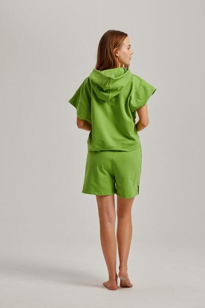 Pamuk & Pamuk Yeşil Kısa Kol Kapşonlu Bel Aksesuarlı Iki Iplik Kadın Şortlu Takım