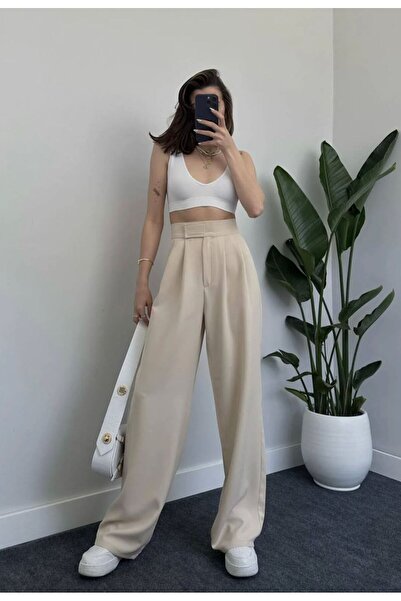 QİSSO Παντελόνι Neva BEIGE Velcro Fabric Παντελόνι Loose Paca