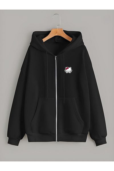 DEEFWEAR Hanocă unisex cu fermoar cu nervuri, imprimată Hello Kity
